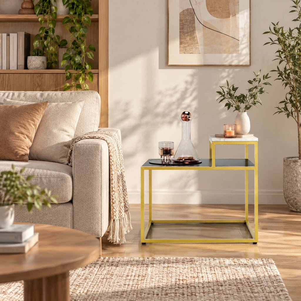 Airfind 2 Tier End Side Table with Metal and Storage Shelf for Living Room, 66 Lbs Capacity, Metal Mdf, 24 Inch X 18 Inch X 22 Inch, White