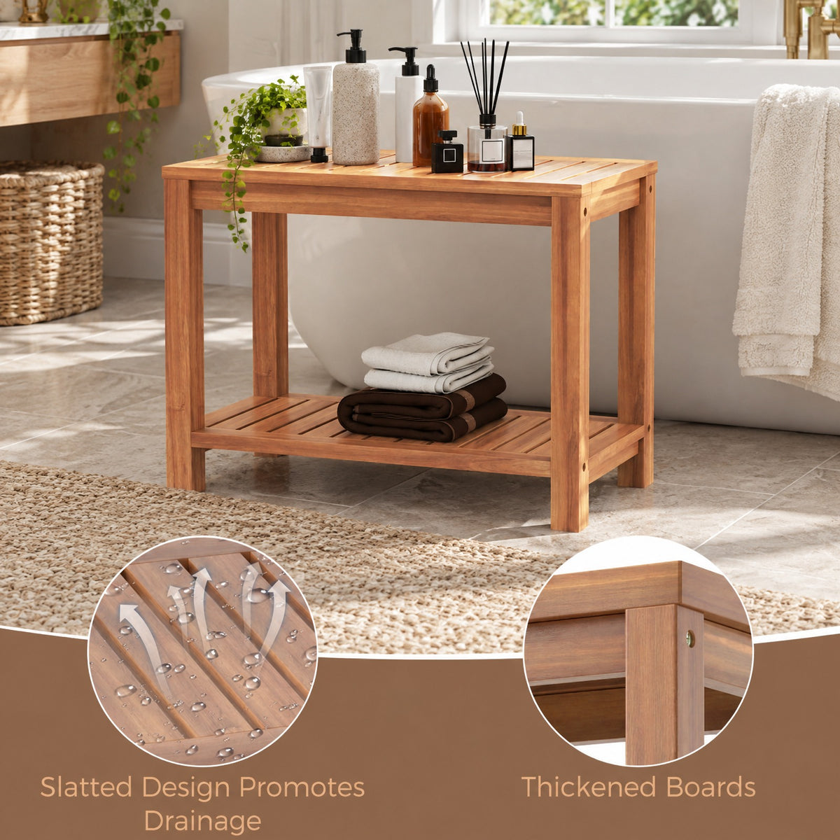 Airfind 24 Inch Teak Wood Shower Bench Inside Shower Stool with Storage Shelf, Teak Wood 19 Inches Frame, 19 x 12.5 x 17.5 Footprint, Wood