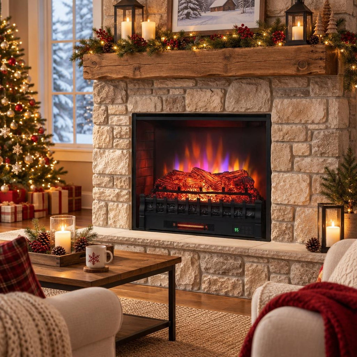 Airfind 26 Inch WiFi Infrared Quartz Electric Fireplace Insert Logs Heater with Realistic Pinewood Logs, Cold-rolled Steel ABS Resin Frame, Black