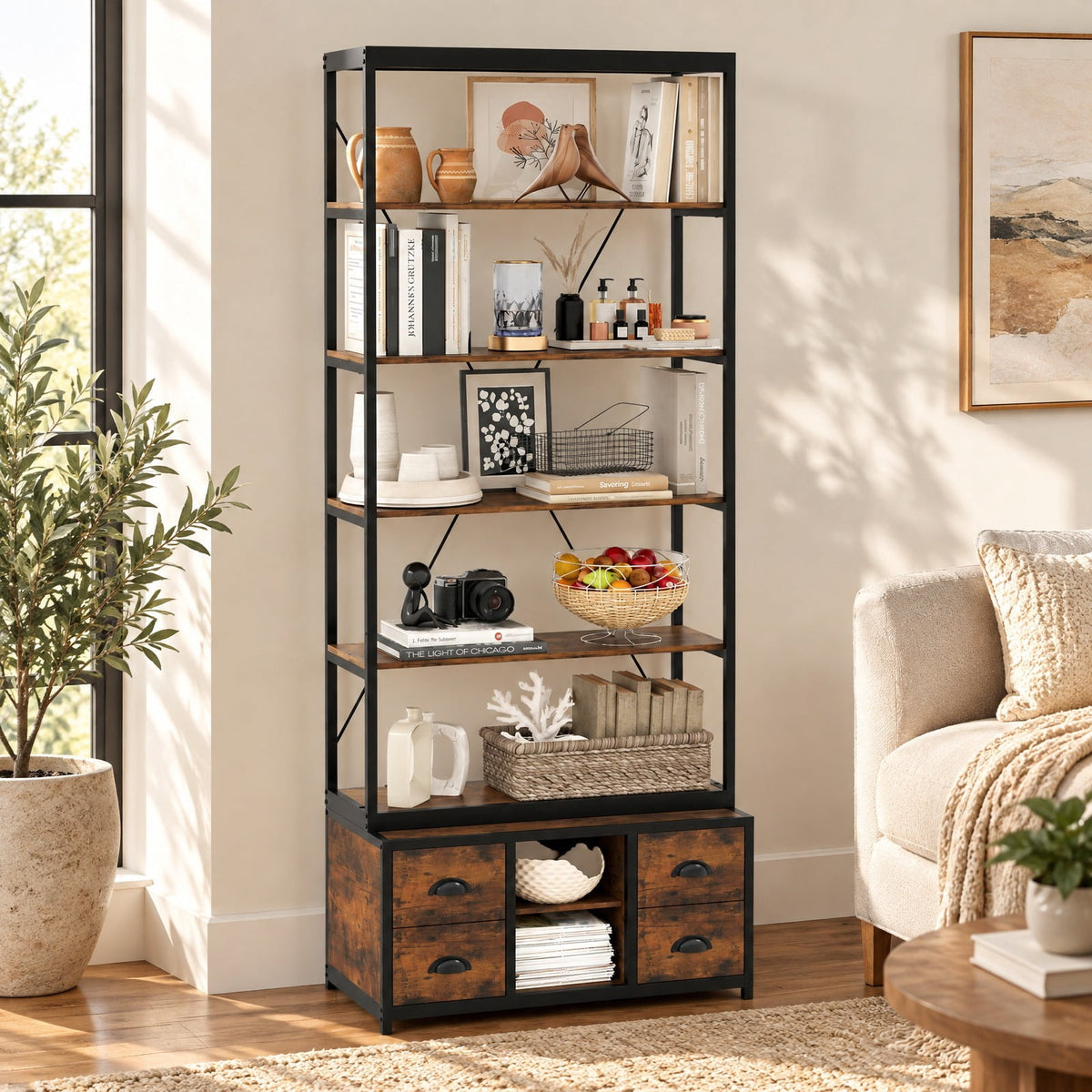 Airfind 8-tier Bookshelf with 4 Fabric Drawers and Heavy-duty Metal Frame, Coffee, Capacity of Shelf 66 lbsWeight