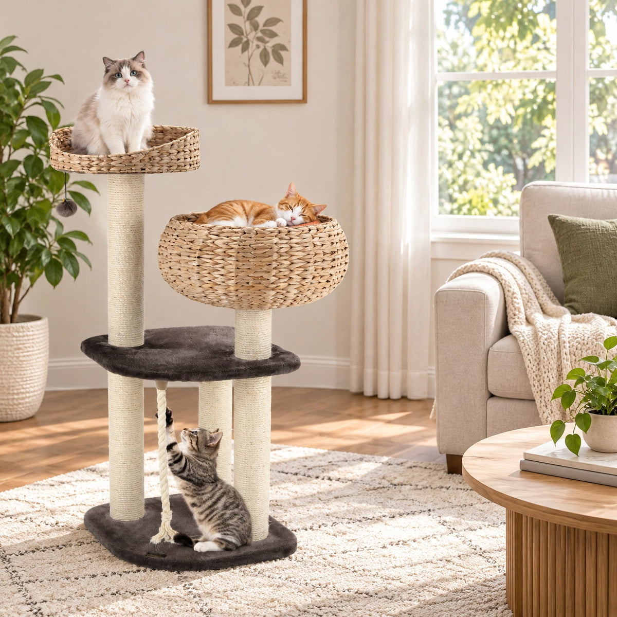 Airfind 41 Inch Rattan Cat Tree with Napping Perch, Water hyacinth straw sisal rope particle board Frame, Brown
