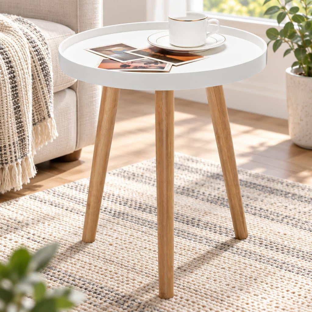 Airfind Round Side Sofa Coffee Table with Wooden Tray, 33 lbs Capacity, MDF panel bamboo feet Frame, White