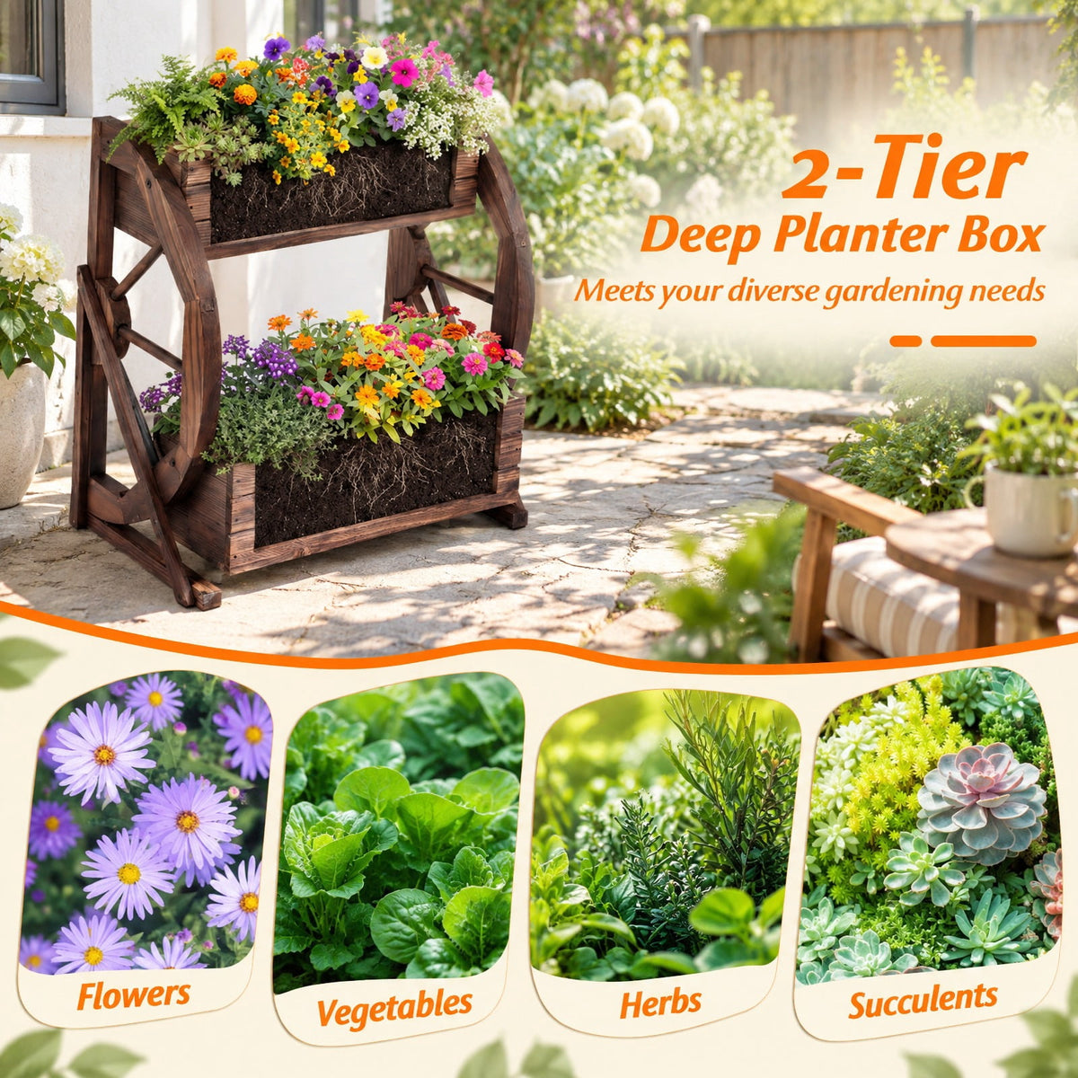 Airfind 2-tier Raised Garden Bed Rustic Wood Wagon Planter with Drainage Holes and Semi-wheels, 22 lbs Capacity, Fir Wood Frame, Coffee