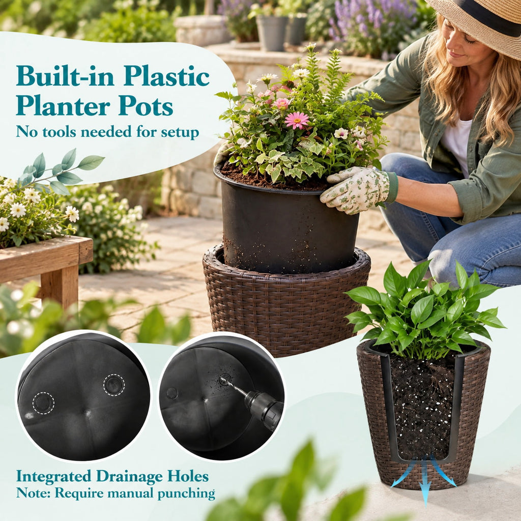Airfind Set of 2 Plastic Taper Rattan Planters with Drainage Holes and Saucers, PP Frame, 15 x 15 x 15 Footprint, Brown