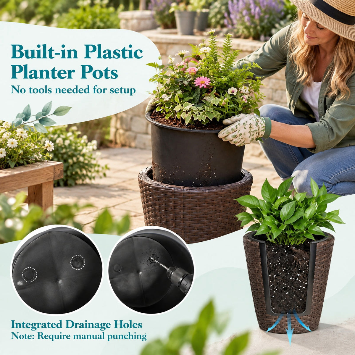Airfind Set of 2 Plastic Taper Rattan Planters with Drainage Holes and Saucers, PP Frame, 15 x 15 x 15 Footprint, Brown