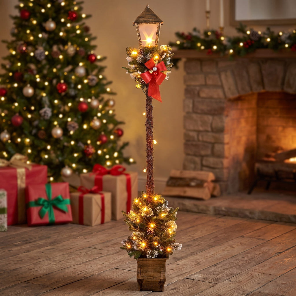 Airfind 6.1 Feet Christmas Pre-lit Street Lamp with Artificial Greenery and Snow-flocked Branch Tips, Metal Plastic Frame, 9in x 9in x 6.1ft Footprint