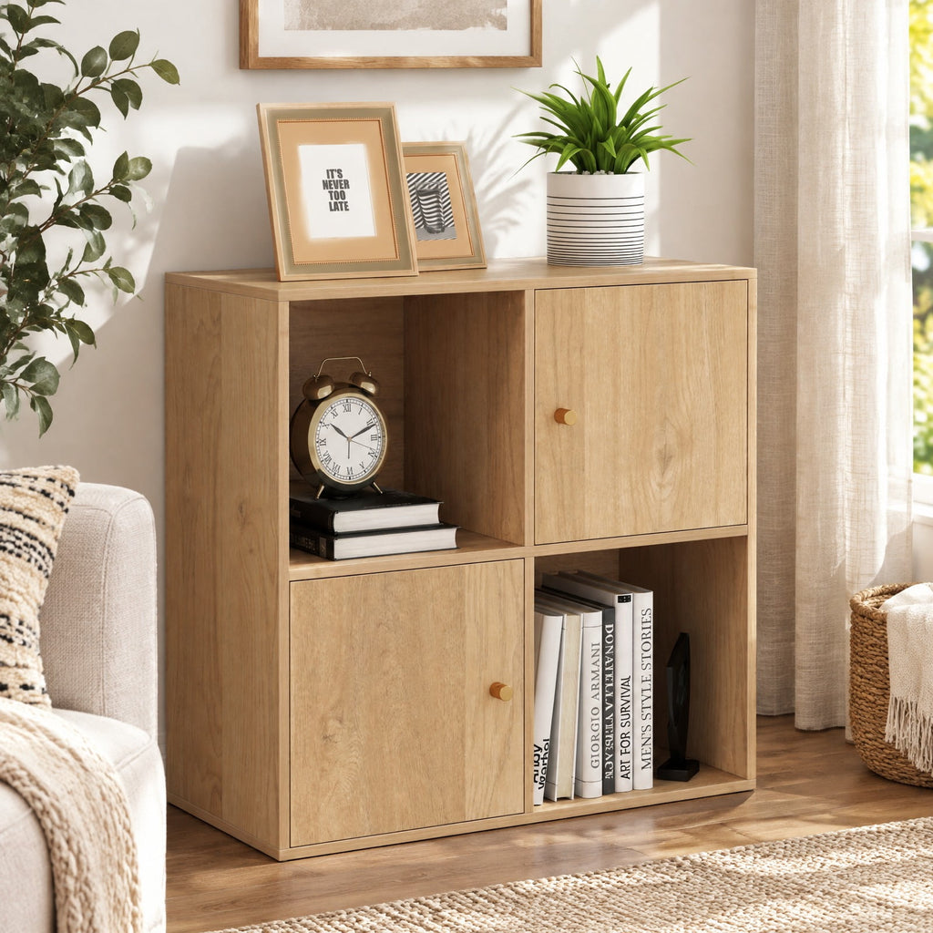 Airfind 4-Cube Bookcase 3-Tier Bookshelf with Dual Anti-Tipping Kits and 2 Cabinets, 110 lbs Capacity, MDF Engineered Wood Frame, Brown