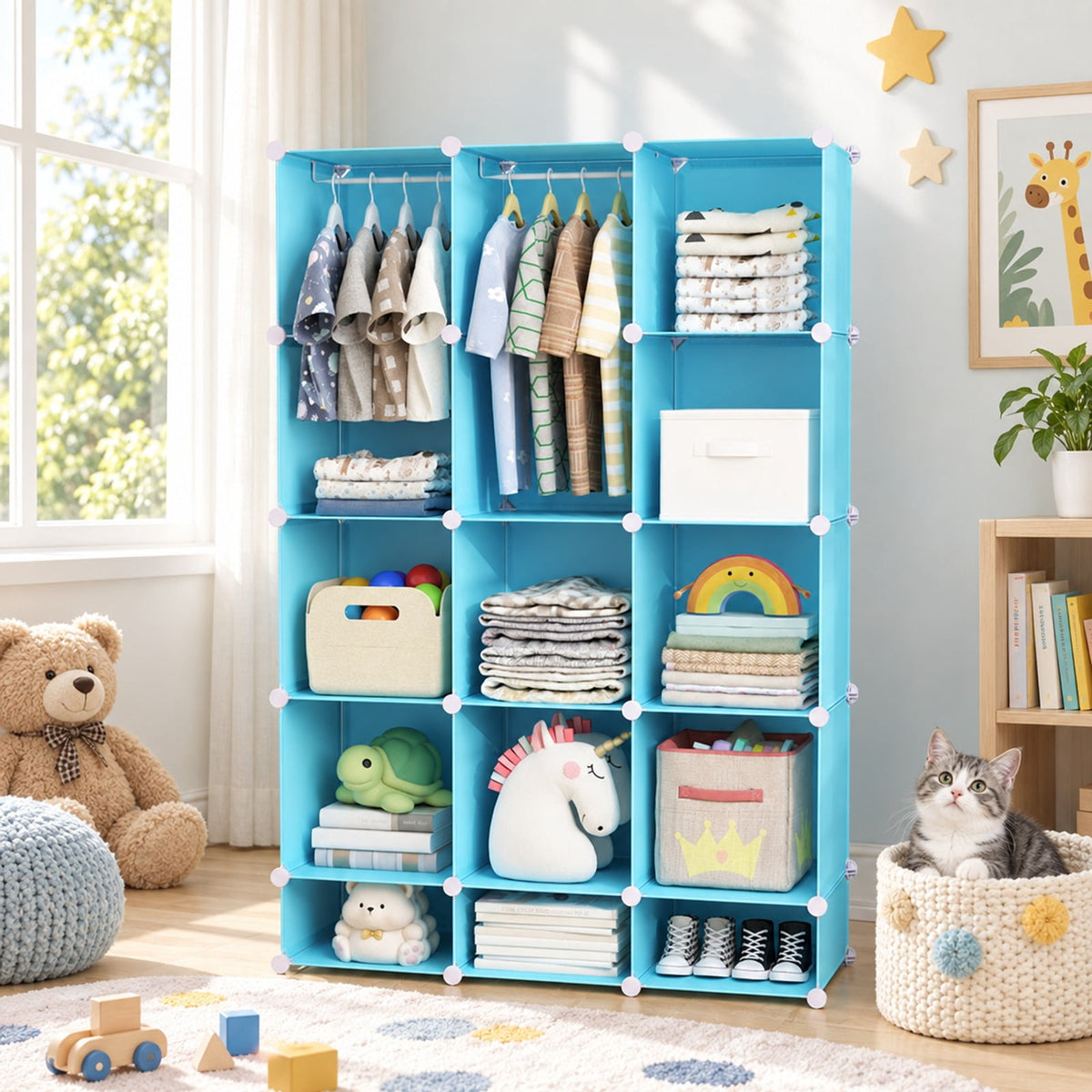 Airfind Modular Baby Wardrobe with 13 Cubes and Hanging Rod and Shelves Stackable, 6.5 lbs Capacity, PP Frame, 43 x 14 x 63 Footprint, Blue
