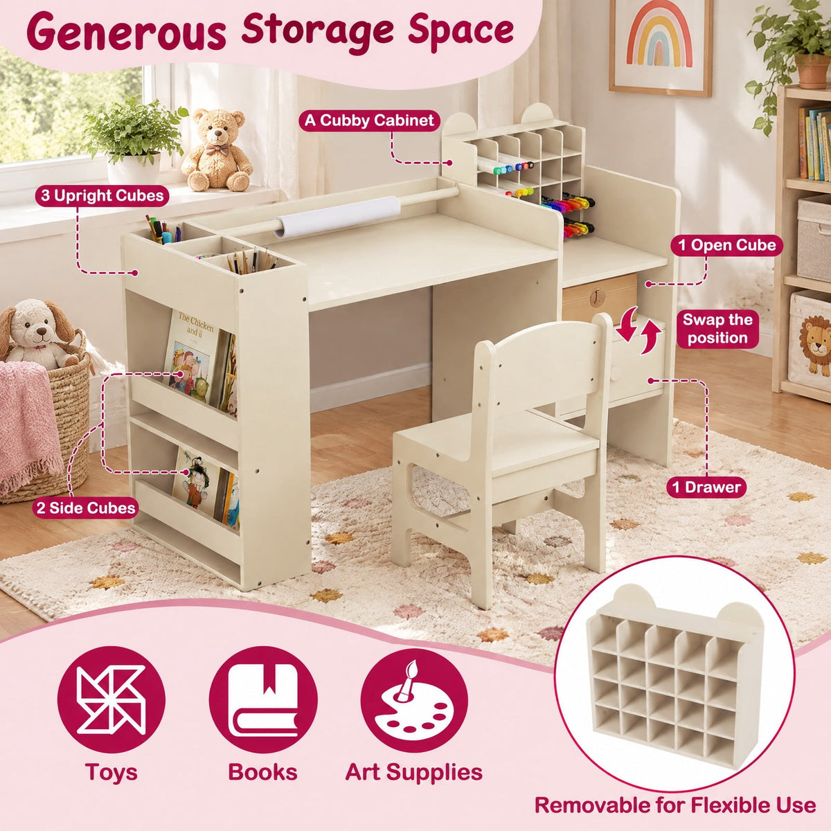 Airfind Kids Art Table and Chair Set with Detachable Paper Roll Holder and Cabinet, 66 lbs Capacity, MDF Frame, for 3+, Natural