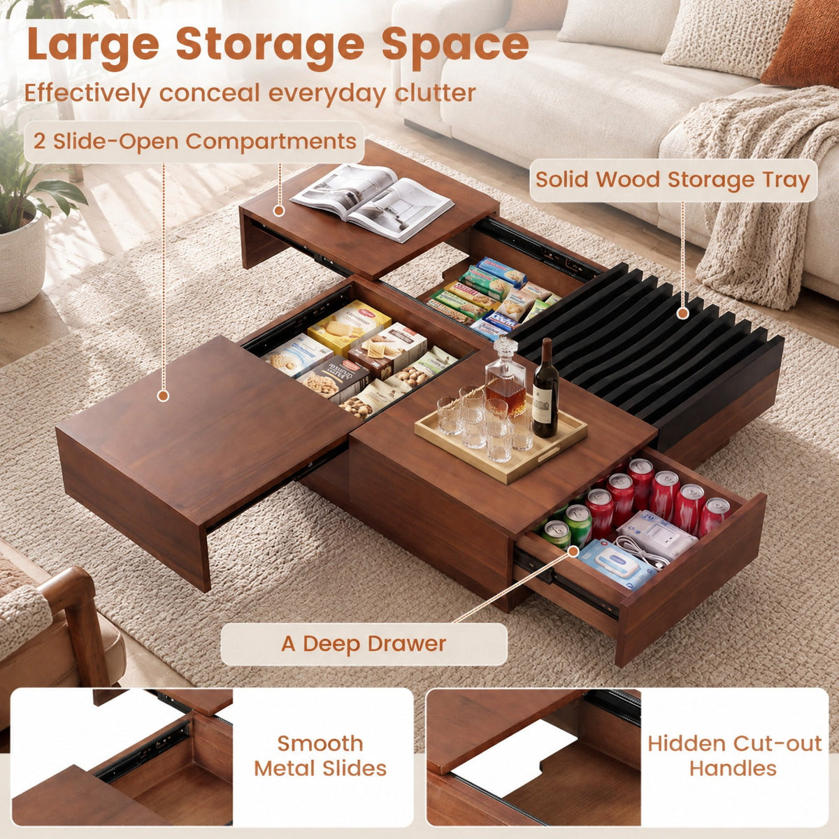 Airfind 32 Square Color-blocking Design Coffee Table with Storage Tray for Living Room, 165 lbs Capacity, Engineered Wood Frame, Walnut