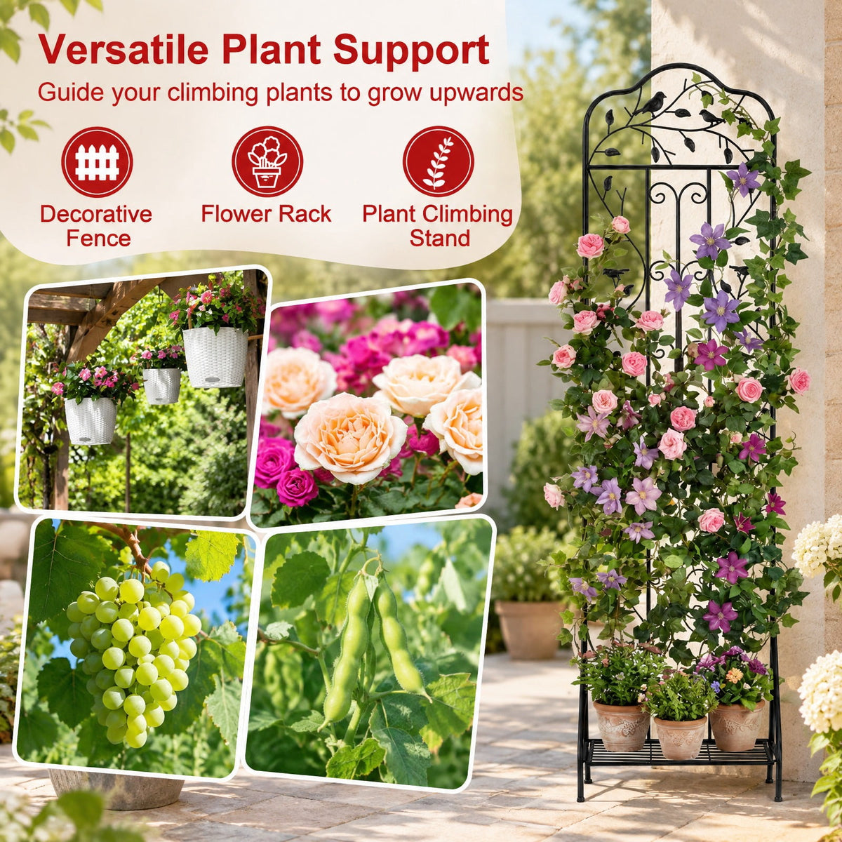 Airfind 75 x 20 Inch Outdoor Metal Garden Trellis with Foldable Bottom Shelf, 33 lbs Capacity, Metal Frame, 20 x 12 x 75 Footprint, Black