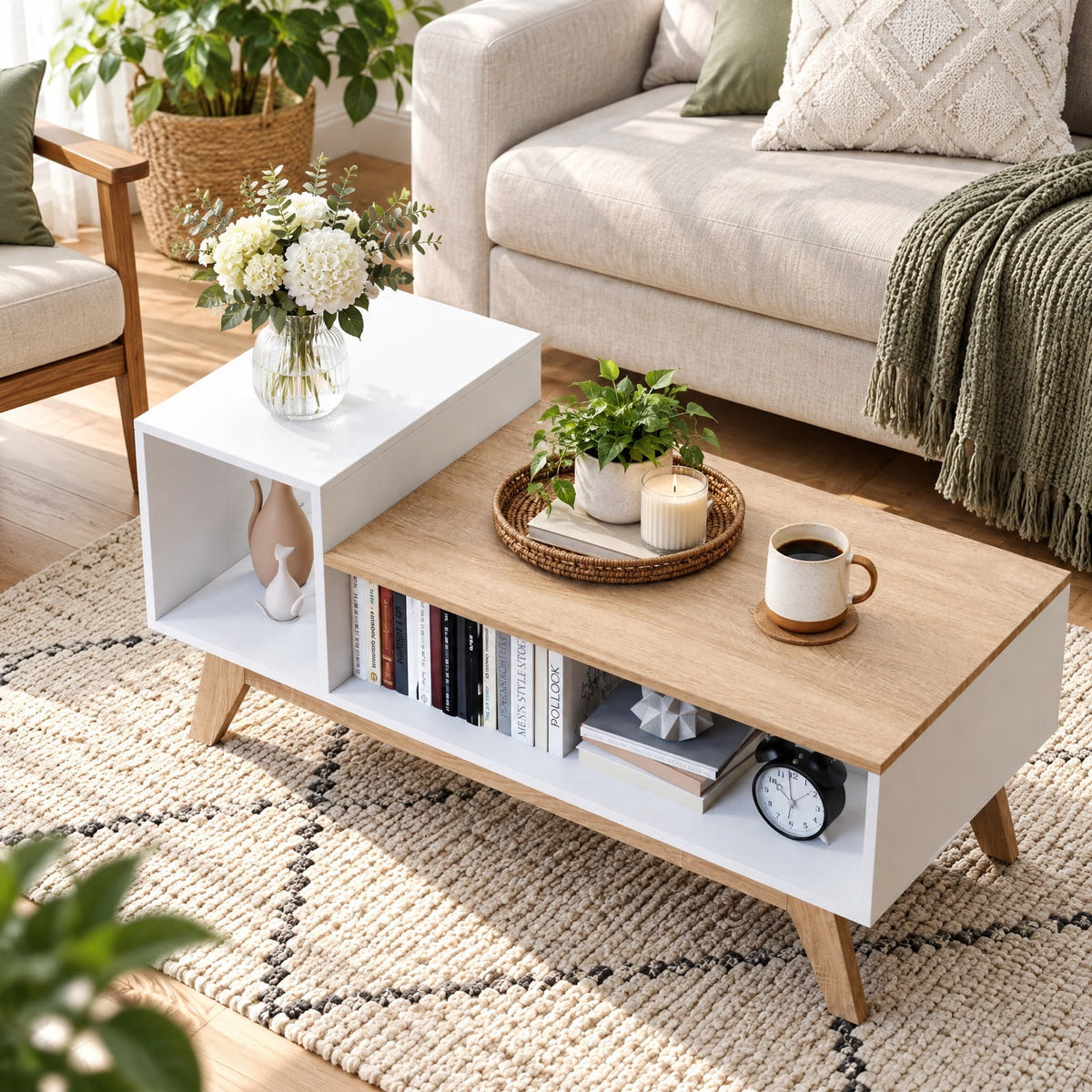 Airfind 43 Inch Coffee Table with Stepped Tabletop and Storage Compartments, 100 lbs Capacity, Engineered Wood MDF Frame, White