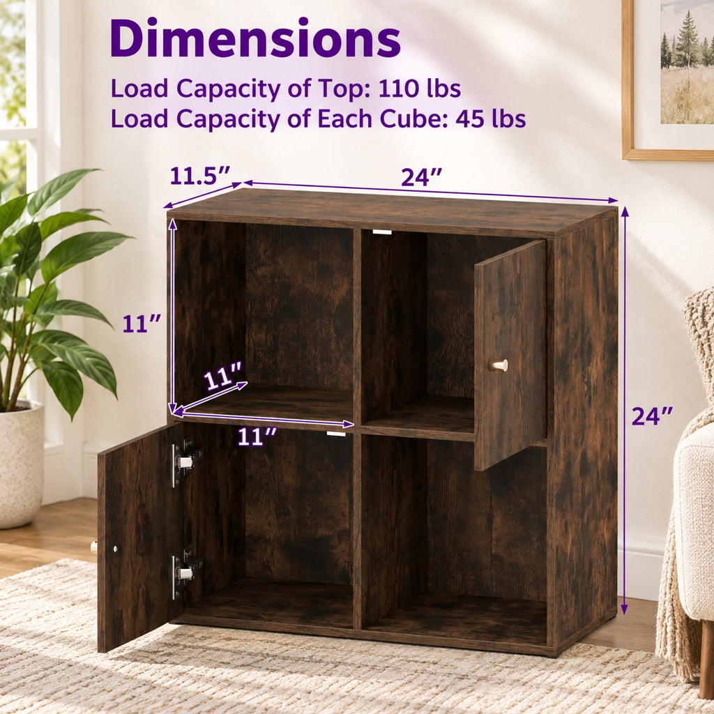 Airfind 4-Cube Bookcase 3-Tier Bookshelf with Dual Anti-Tipping Kits and 2 Cabinets, 110 lbs Capacity, MDF Engineered Wood Frame, Brown