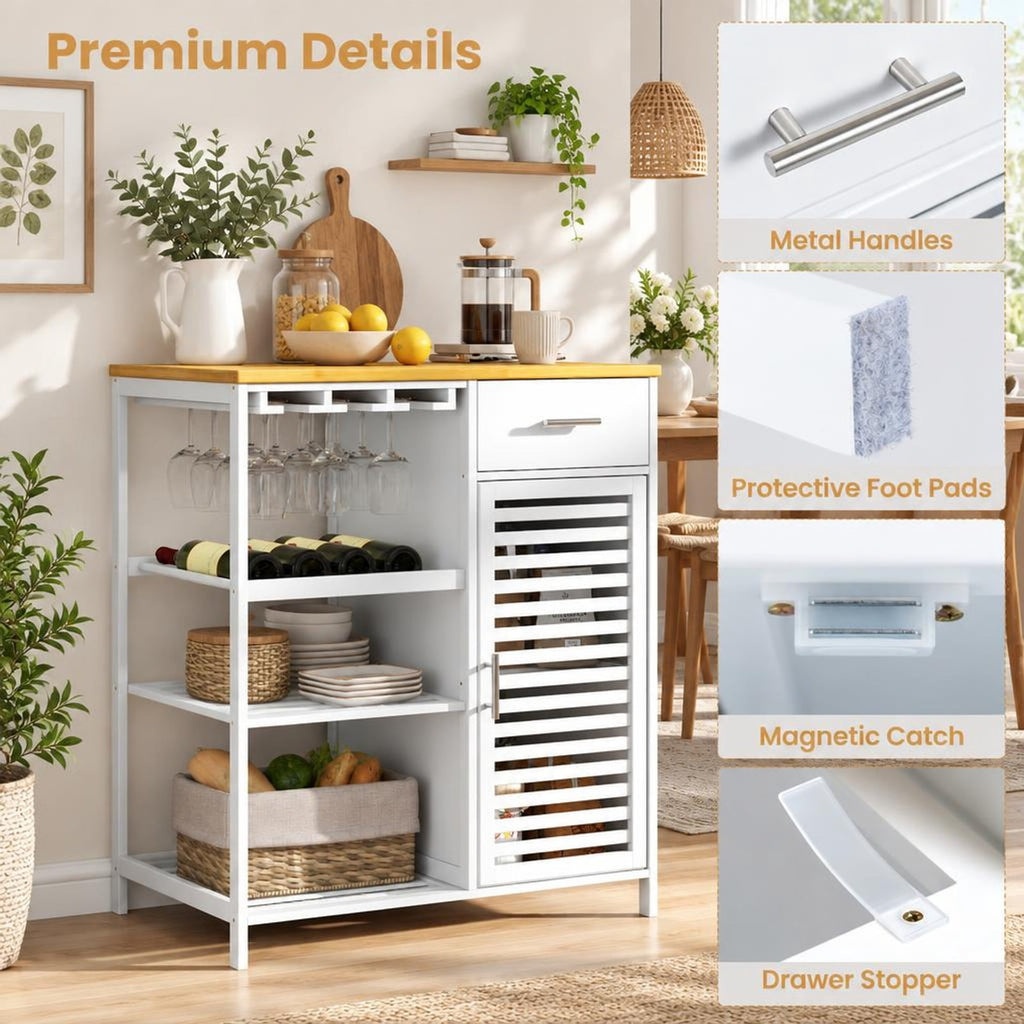 Airfind Coffee Bar Cabinet with Glass Holder Wine Rack and Bamboo Top, White, Smooth painted surface for easy maintenance