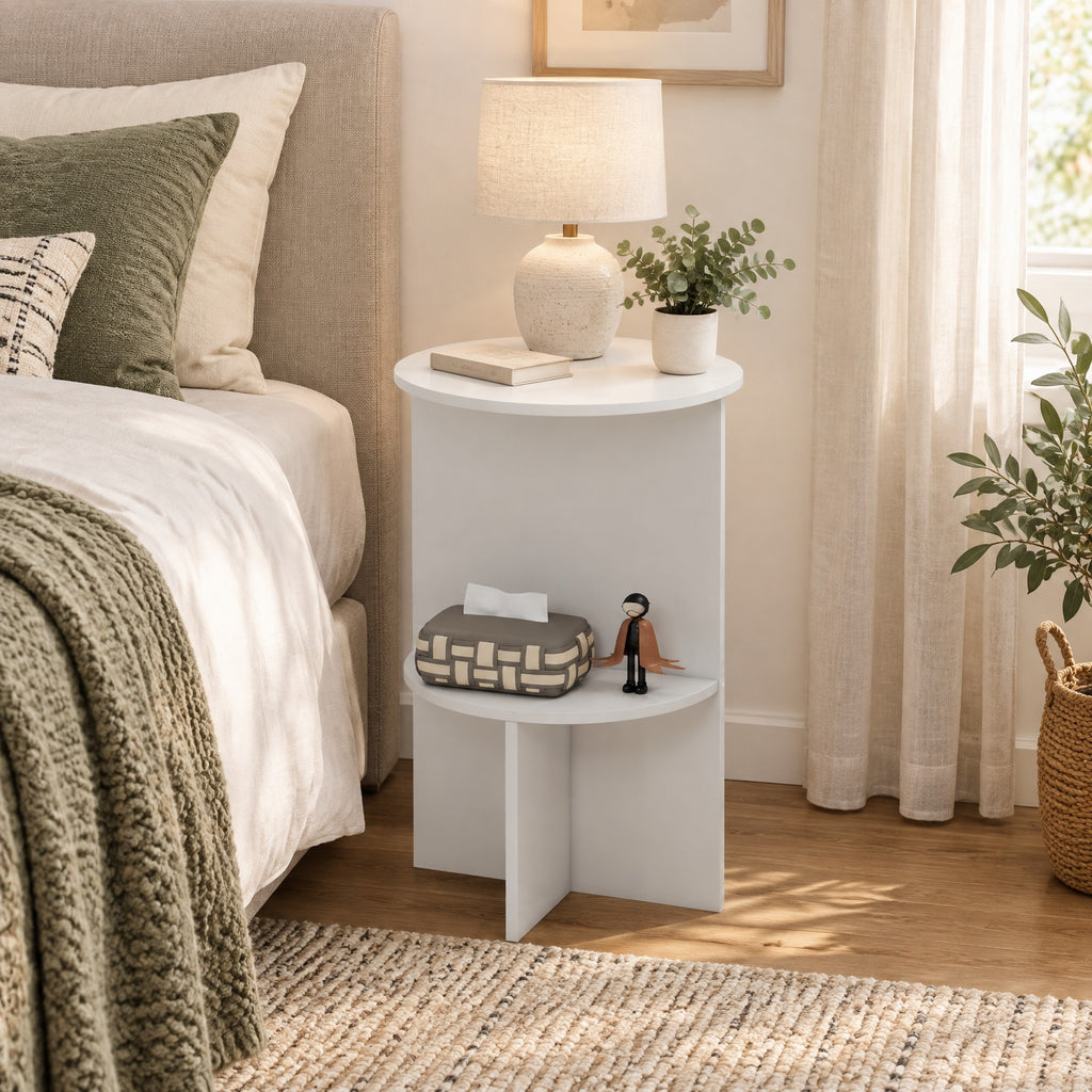 Airfind 2-Tier Round Side Table with Storage Shelf for Small Space, 66 Lbs Capacity, Engineered Wood, 14 Inch X 23 Inch for Convenient Everyday Use, White