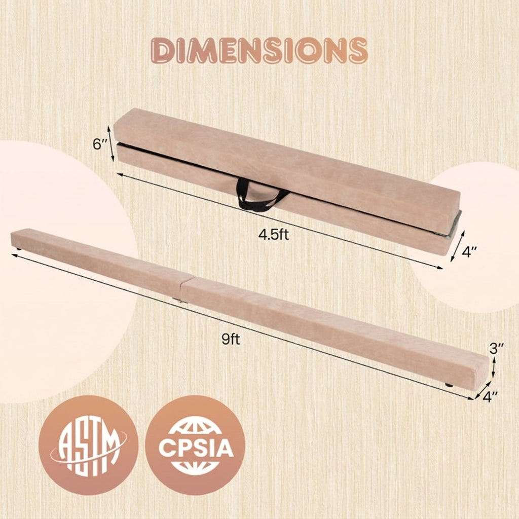 Airfind 9 ft Folding Gymnastics Balance Beam with Suede Cover, Pine Wood Core and Non-Slip Mat, Brown