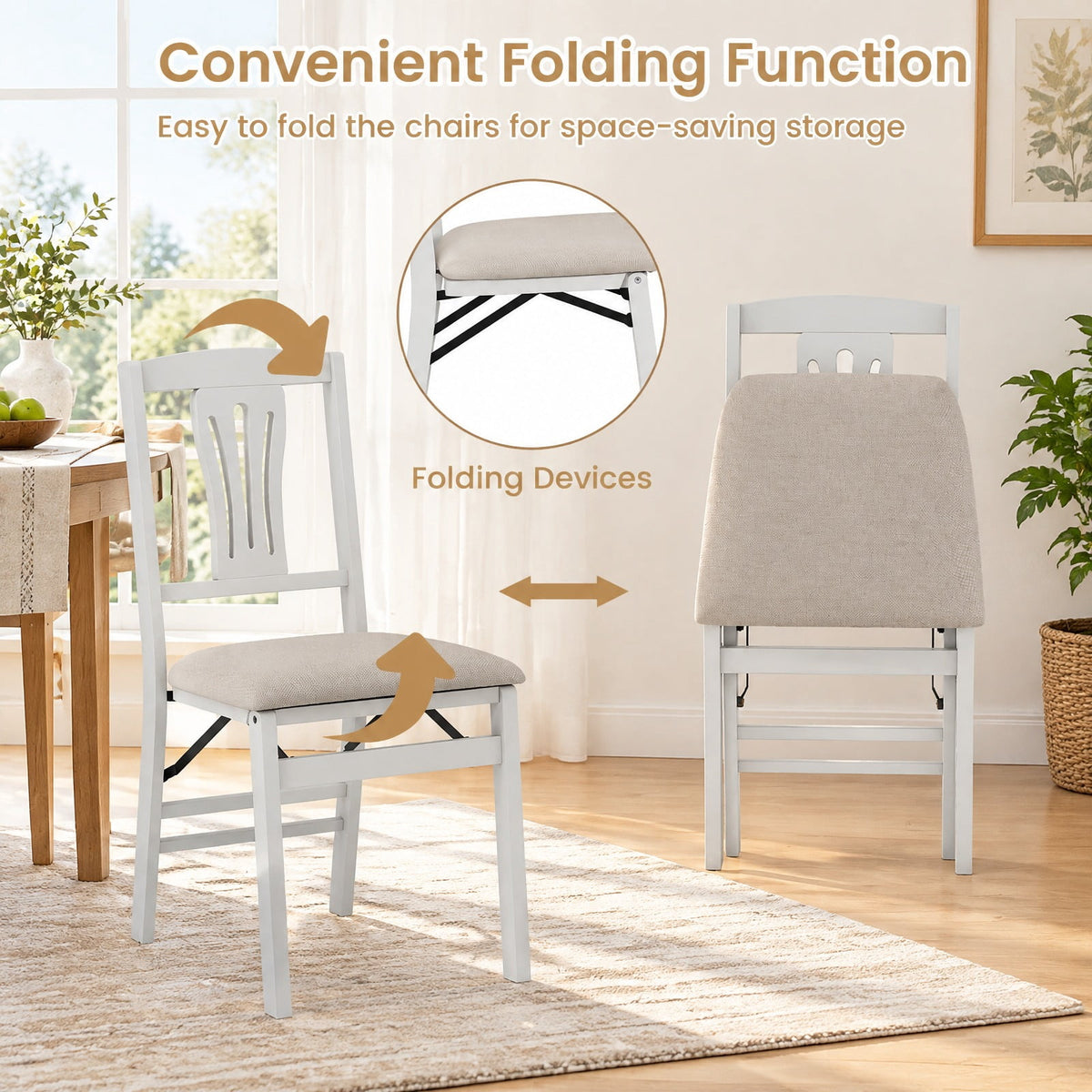 Airfind Folding Kitchen Chairs Set of 2 Upholstered Dining Chairs with Comfy Padded Seats, 375 lbs Capacity, 21 x 17 x 34.5 Footprint, White