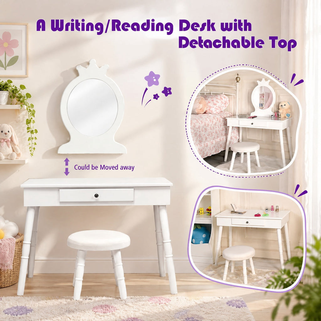 Airfind Kids Vanity Makeup Table and Chair Set Make Up Stool, 33 lbs Capacity, MDF pine wood Frame, 27.5 Inch x 13.5 Inch x 40 Inch Footprint, White
