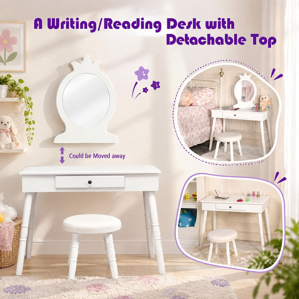Airfind Kids Vanity Makeup Table and Chair Set Make Up Stool, 33 lbs Capacity, MDF pine wood Frame, 27.5 Inch x 13.5 Inch x 40 Inch Footprint, White