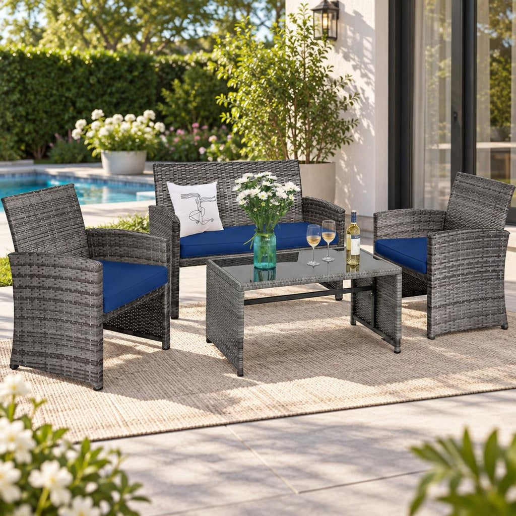 Airfind 4 Pieces Patio Rattan Furniture Set with Glass Table and Loveseat, PE Rattan Polyester Fiber Steel Sponge Single Sofa Frame, Navy