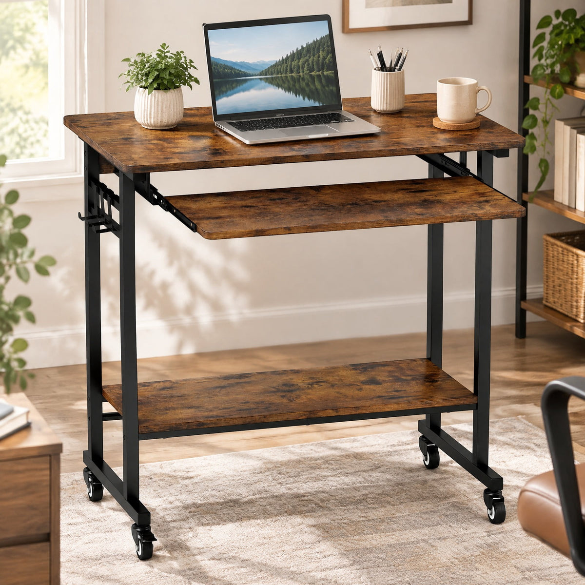 Airfind Rolling Laptop Table with Pull-out Keyboard Tray and Hooks, Engineered Wood Metal Frame, 31.5 x 19.5 x 31 Footprint, White