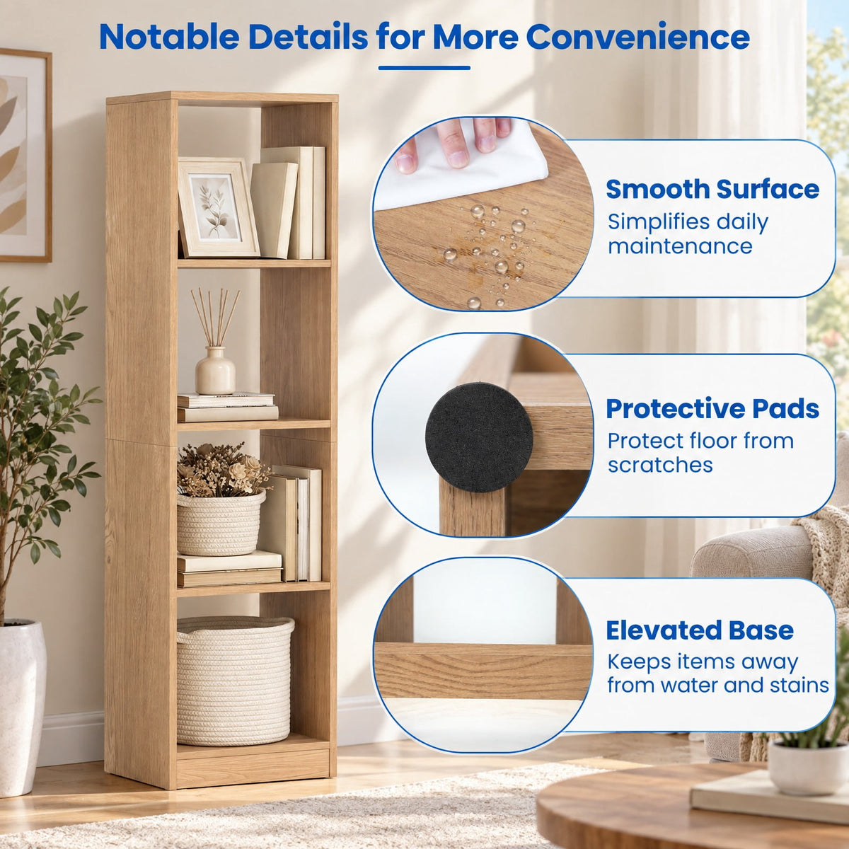 Airfind 5 Tiers 4-Cube Narrow Bookshelf with 4 Anti-Tipping Kits, 165 lbs Capacity, Engineered Wood Frame, 15 x 13 x 56 Footprint, Natural