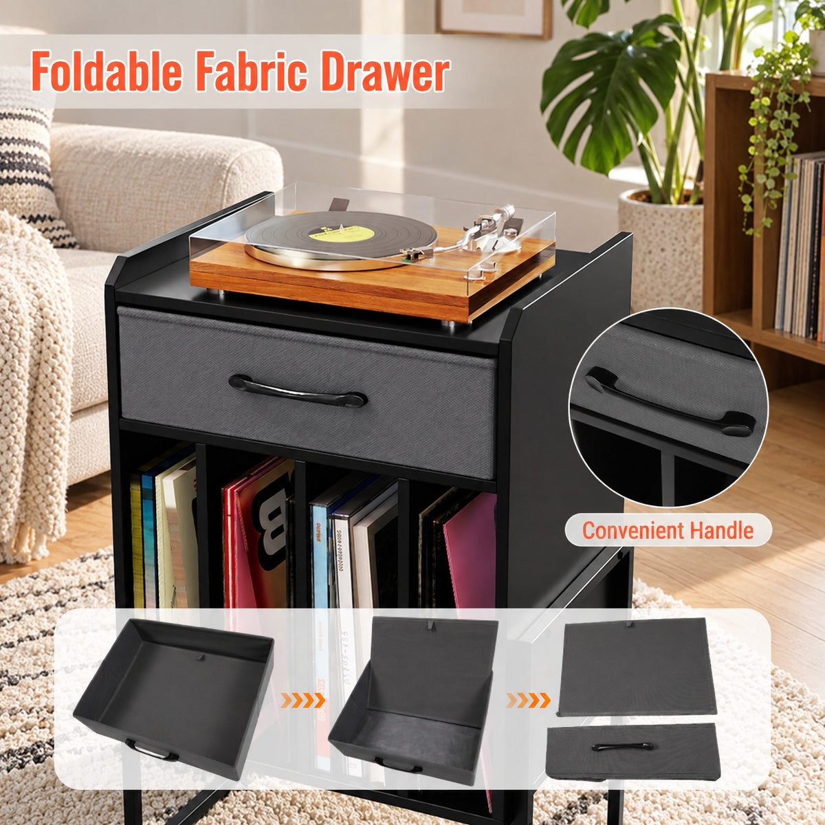Airfind Record Player Stand with Drawer and Record Holder, 66 lbs Capacity, Engineered Wood MDF Metal Non-woven Fabric Frame, Black