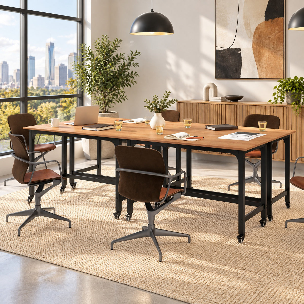 Airfind 48 Inch Rolling Computer Desk with Heavy-duty Metal Frame for Home and Office, 220 lbs Capacity, Engineered Wood Metal Frame, Natural