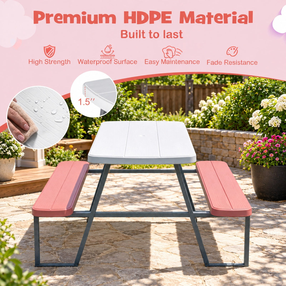 Airfind Kids Picnic Table with Benches Seats up to 4, 660 lbs Capacity, Metal Frame, for 3+ years old, 40 x 39.5 x 59 Tabletop Footprint, Pink