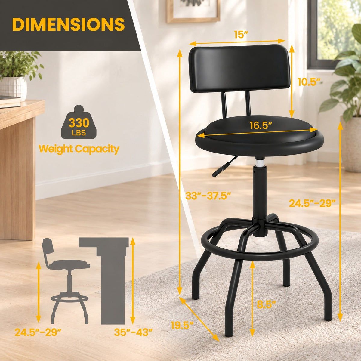 Airfind /2 360° Swivel Counter, Set of 1, Height Barstool with Padded Seat and Back-2 Pieces, 330 lbs Capacity, Metal PU Sponge Plywood Frame, Black