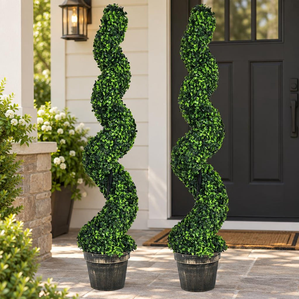 Airfind 2 Pack 4 Feet Artificial Spiral Boxwood Topiary Indoor Outdoor Decor, PE iron tube cement, 9.5 Inch x 9.5 Inch x 47 Inch (L x W x H) Pot