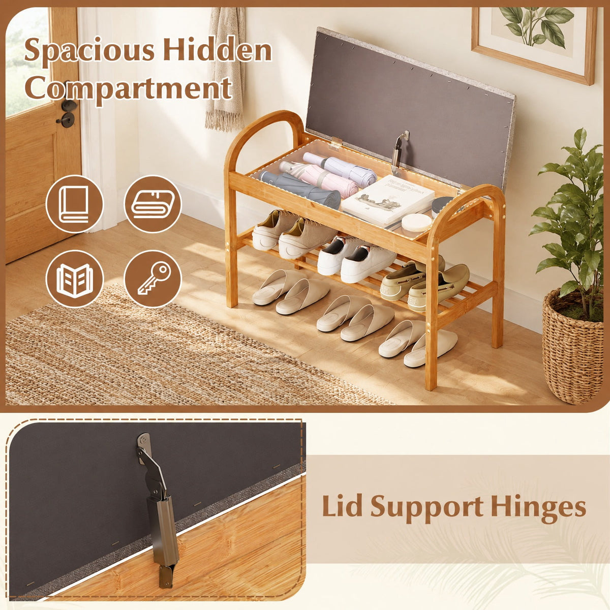 Airfind 2-Tier Bamboo Shoe Bench with Storage and Padded Cushion, 330 lbs Capacity, Bamboo Polyester Fabric Sponge Frame, Gray
