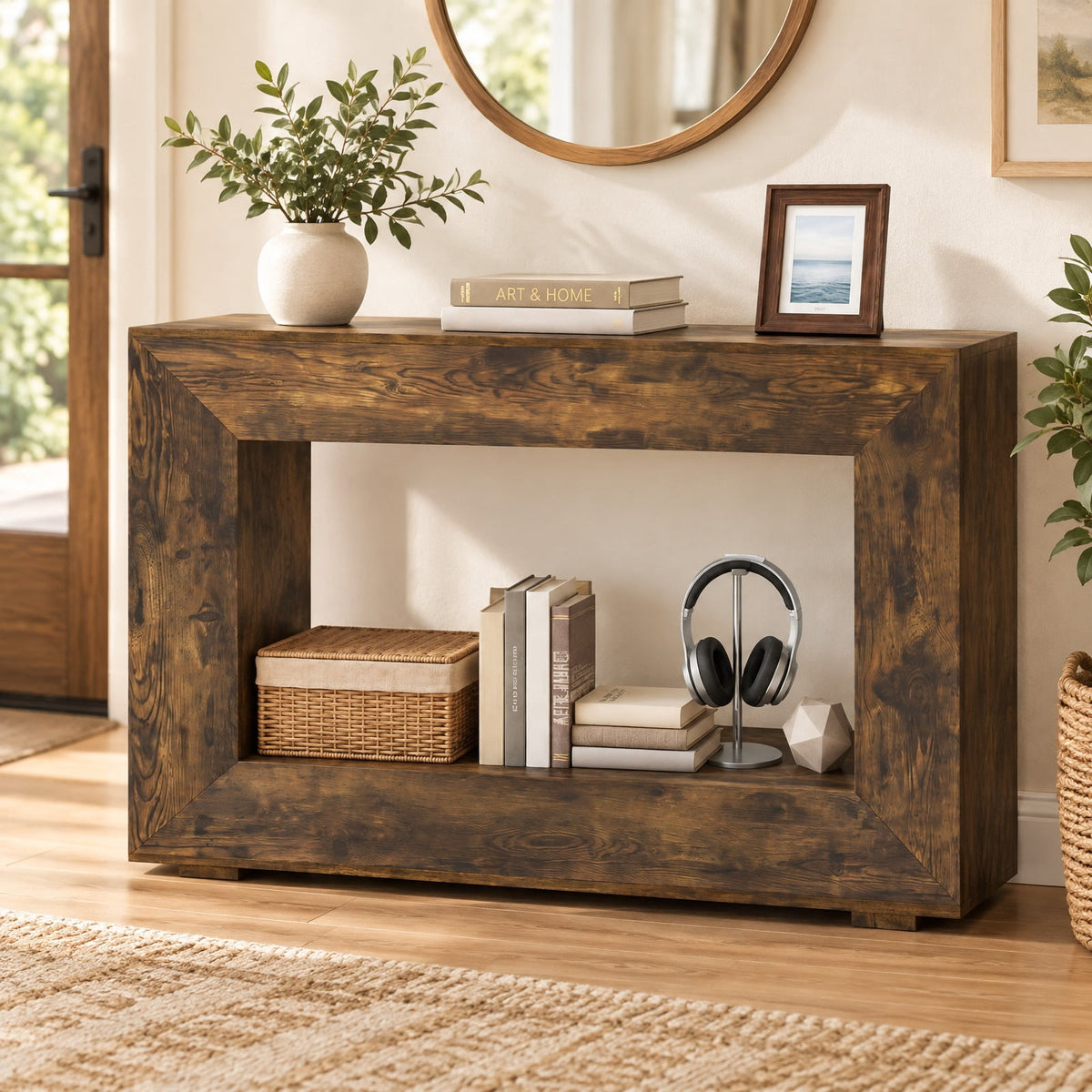 Airfind 47 Inch 2-Tier Farmhouse Console Table with Open Storage Shelf for Living Room, 47 Inch x 12 Inch x 33 Inch Middle Footprint, Brown