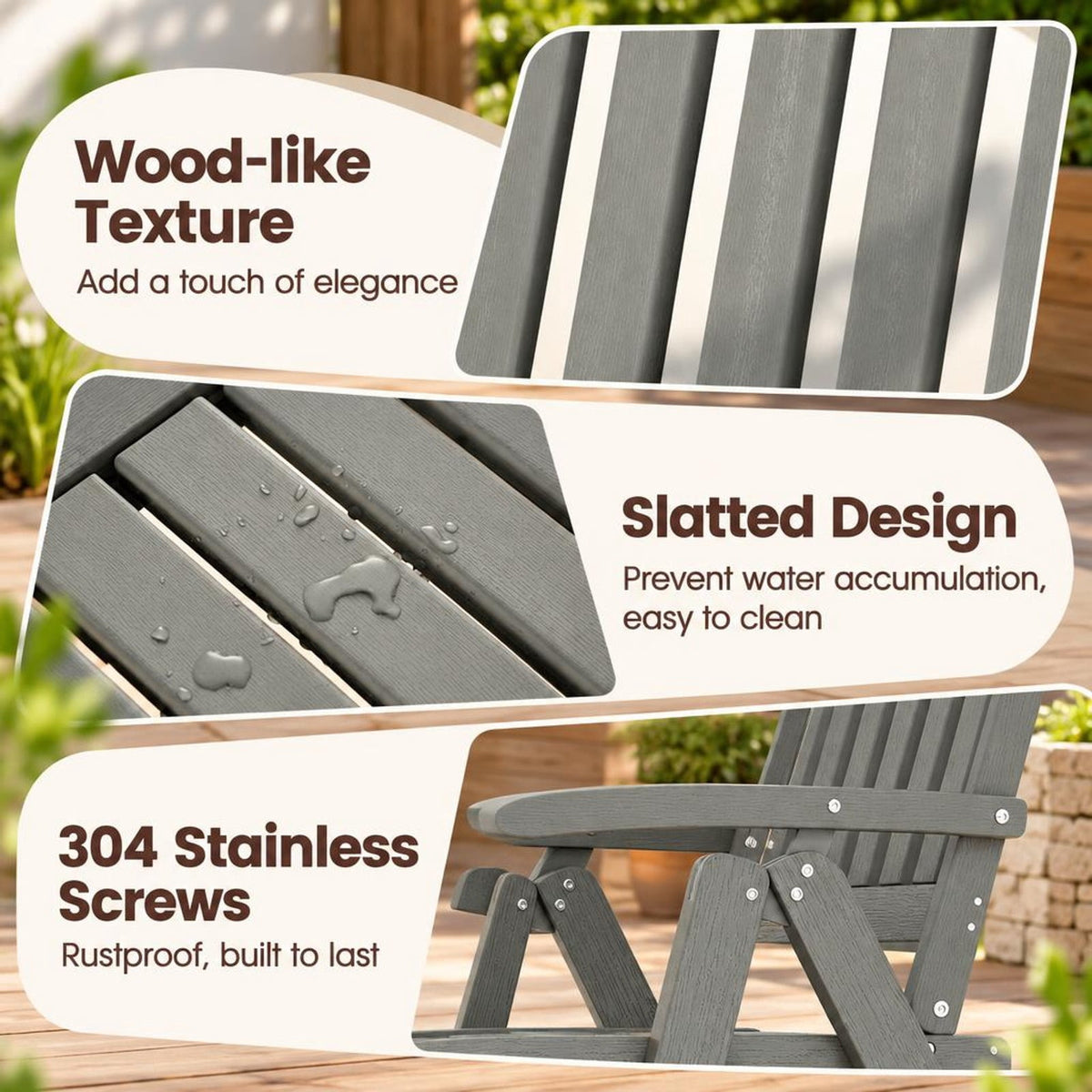 Airfind Foldable Patio Chair All, Weather HDPE Outdoor Dining Chair with Armrest, Gray, The slatted design effectively prevents water accumulation