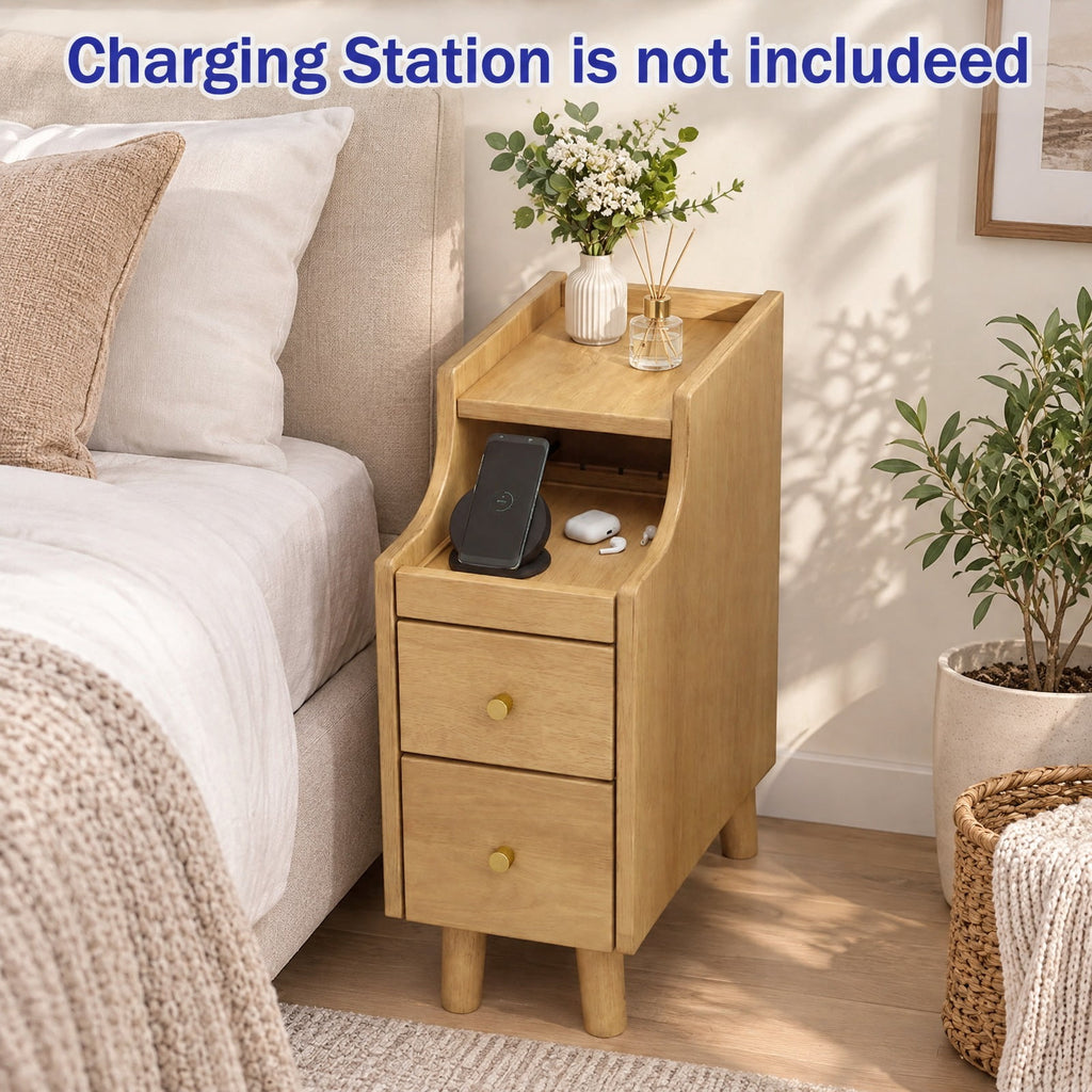 Airfind Solid Wood Night Side Table Narrow Bedside Table Nightstand with Pull-out Tray and 2 Storage Drawers, 55 lbs Capacity, Natural