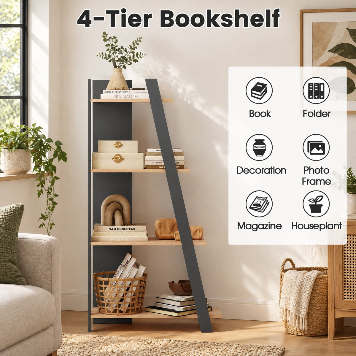 Airfind 4-Tier Modern Bookshelf Wooden Vertical Display Book Shelf for Small Space, Shelf 51 lbs Total Capacity, Engineered Wood Frame