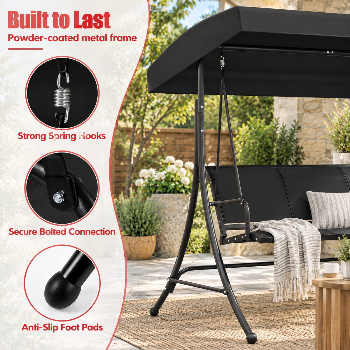 Airfind 3-Seat Patio Swing Chair with Adjustable Canopy, 800 lbs Capacity, Metal Frame, 75 Inch x 48 Inch x 67 Inch Footprint, Black