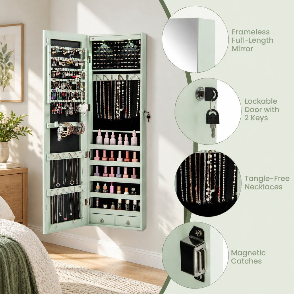 Airfind Wall and Door Mounted Mirrored Jewelry Cabinet with Lights, MDF Board Glass Mirror Frame, 14 Inch x 4 Inch x 54.5 Inch Footprint, Green
