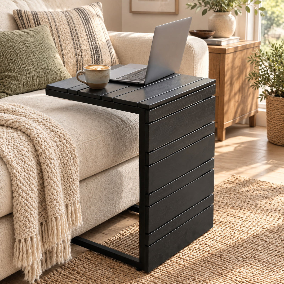 Airfind Space-Saving C-Shaped Side Table with Wood-Plastic Top for Indoor Outdoor, 55 lbs Capacity, Metal PP Frame, 15 x 14.5 x 21 Footprint