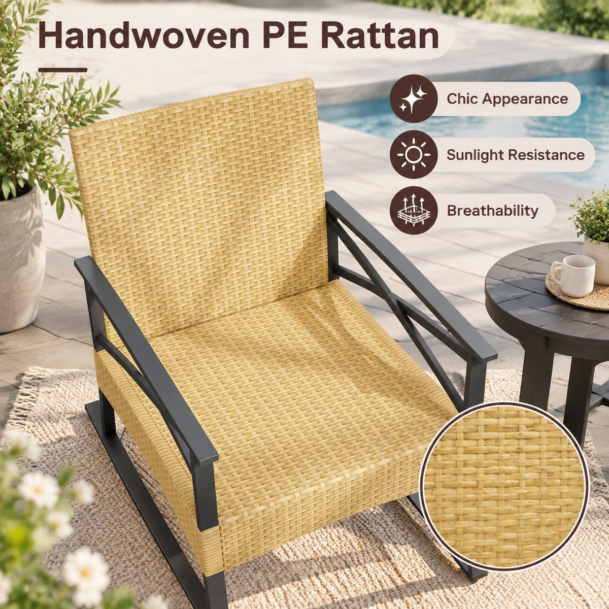 Airfind 3 Pieces Outdoor Rattan Rocking Chairs Set with 2-Tier Side Table for Garden Backyard, Table 100 lbs Capacity, 18 x 18 x 18.5 Footprint
