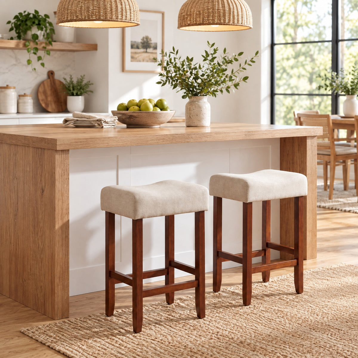 Airfind Set of 2 24 Inch Bar Stool with Curved Seat Cushions, 330 lbs Capacity, Rubber Wood Linen Fabric Sponge Frame, White