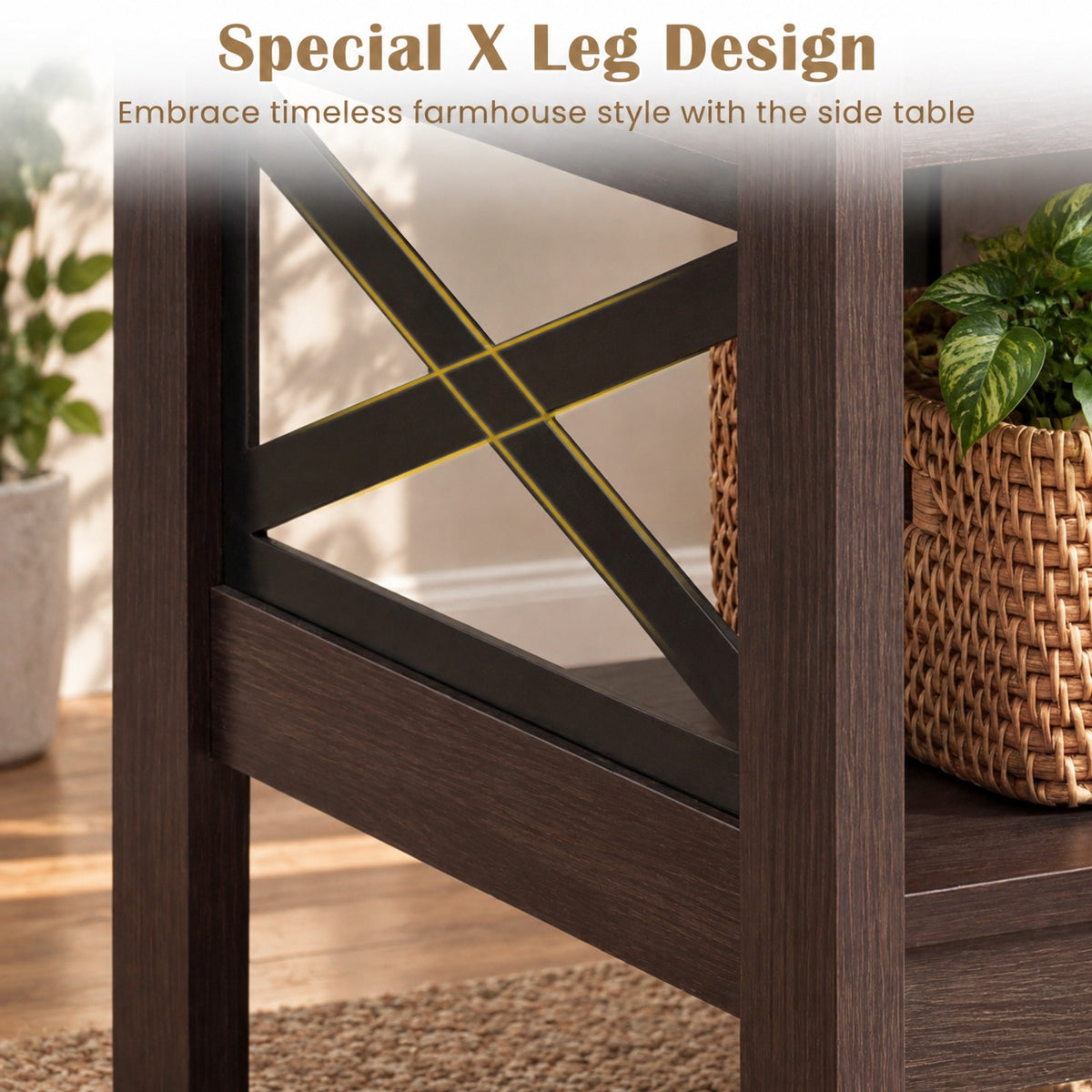 Airfind 2-Tier Square Side Table with Storage Shelf and X-Frame for Bedroom Living Room, 220 lbs Capacity, Engineered Wood MDF Frame, Brown