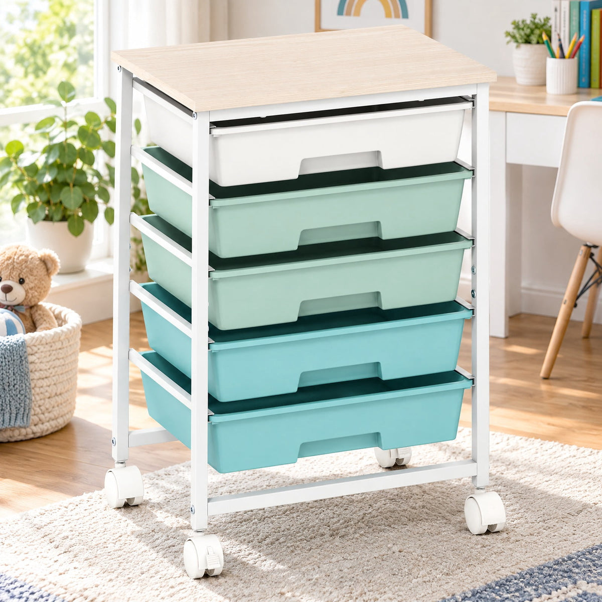 Airfind 5-Drawer Rolling Cart with Wooden Tabletop and Metal for Craft Room, 33 lbs Capacity, Metal PP Engineered Wood, Green