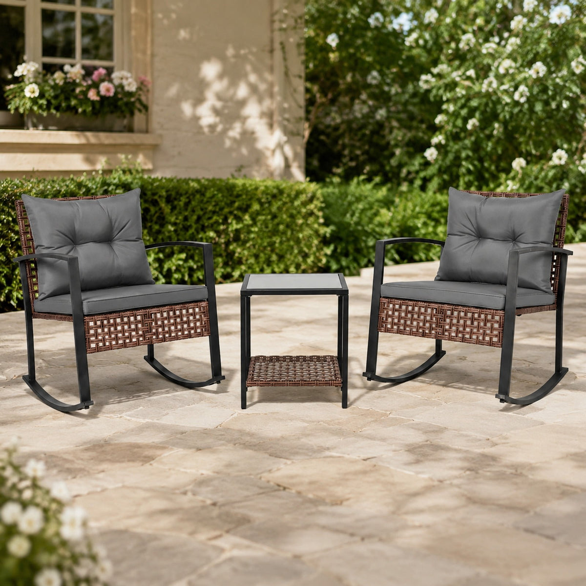 Airfind 3-Piece Outdoor Rocking Chair Set, 100 lbs Capacity, PE Rattan Metal Glass Polyester Non-woven Fabric Sponge Frame, Gray