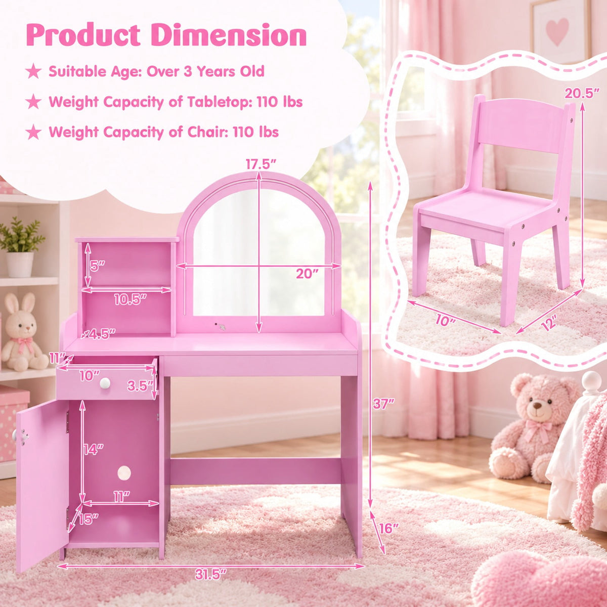 Airfind Kids Vanity Table and Chair Set with Shelves Drawer and Cabinet, P2 MDF Acrylic Frame, for Over 3 Years Old, 31.5 Inch x 16 Inch x 37 Inch Footprint