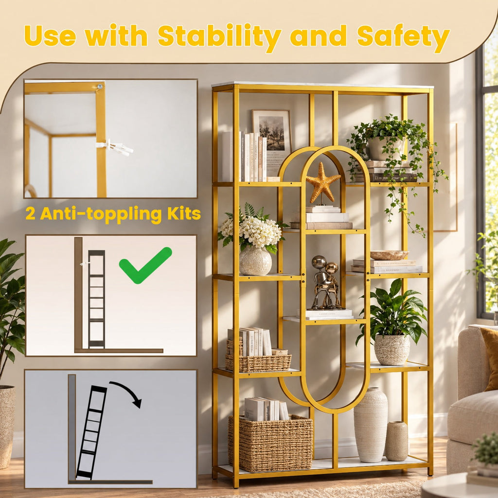Airfind 5-Tier Tall Etagere Bookcase with Open Storage Shelves, 88 lbs Capacity, Metal Engineered Wood Frame, White