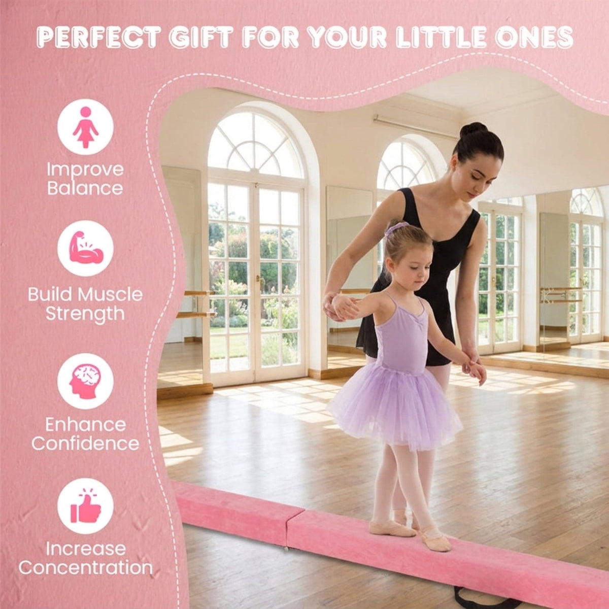 Airfind 9 ft Folding Gymnastics Balance Beam with Suede Cover, Pine Wood Core and Non-Slip Mat, Pink
