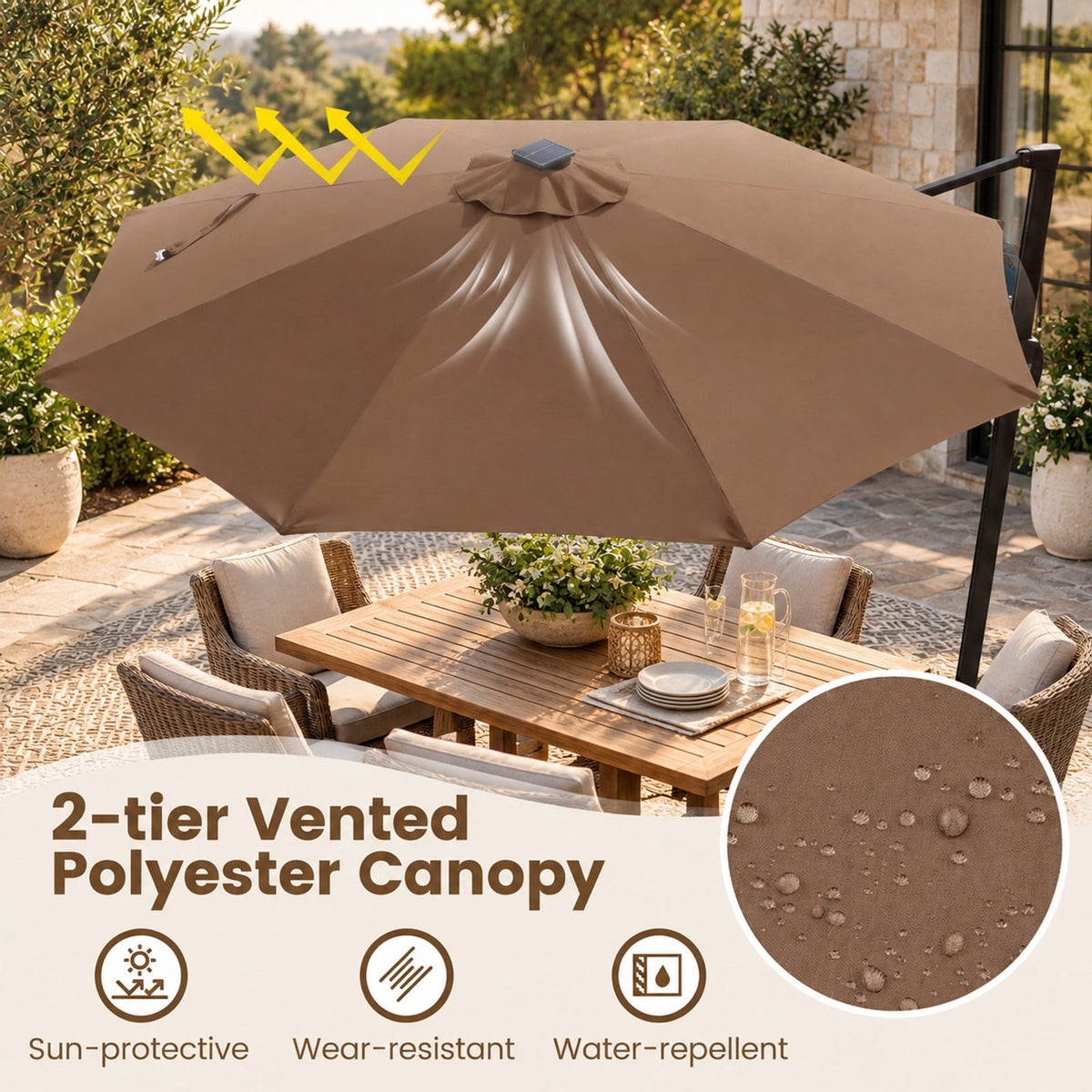 Airfind 10 FT Cantilever Patio Umbrella with Solar LED Lights 360° Rotation, Polyester Fabric Aluminum Metal PC ABS Frame, Brown