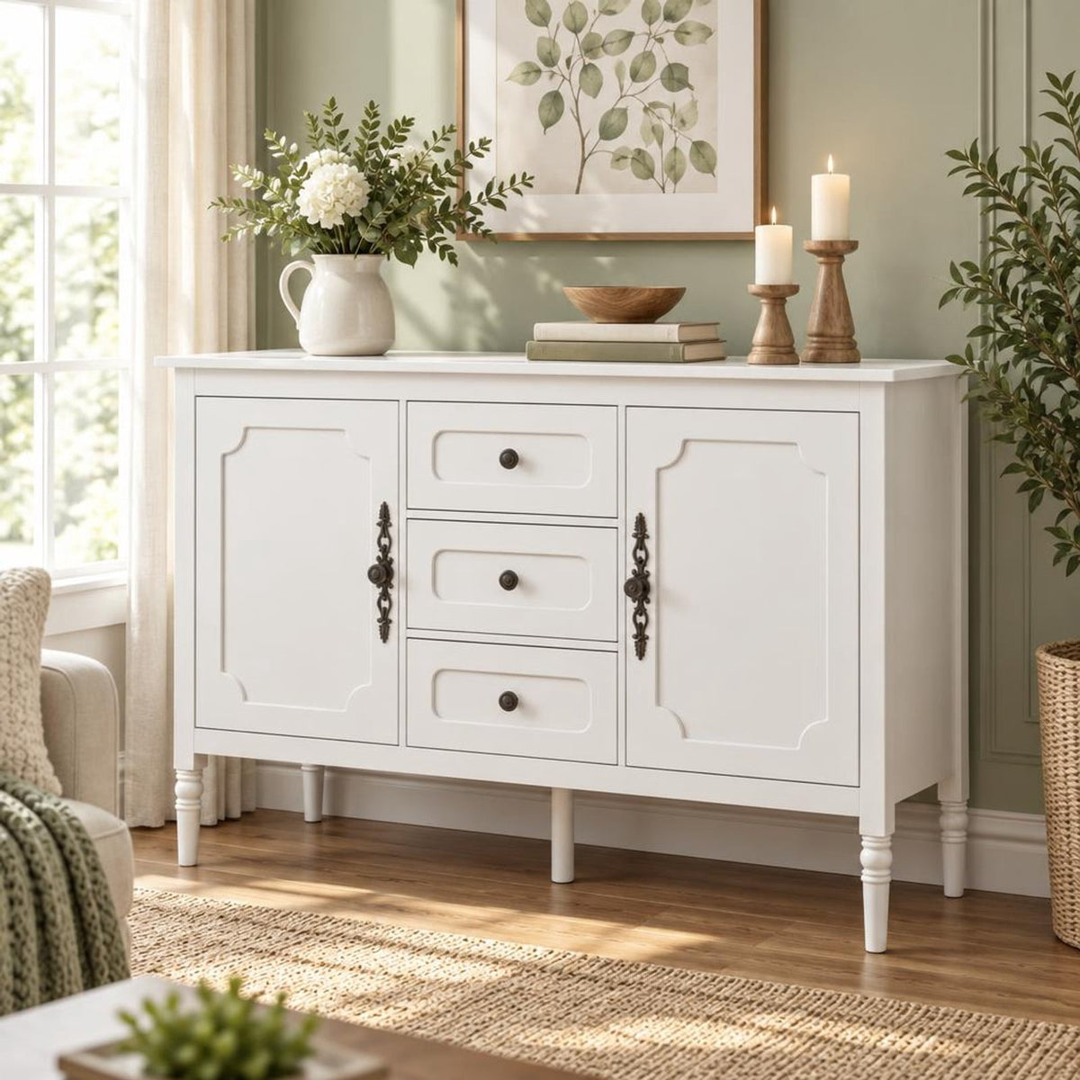 Airfind 47 Inch Vintage Buffet Cabinet with 3 Drawers 2 Cabinets and Adjustable Shelves for Dining Room, 110 Lbs Capacity, 47 Inch X 15.5 Inch X 31.5 Inch, White