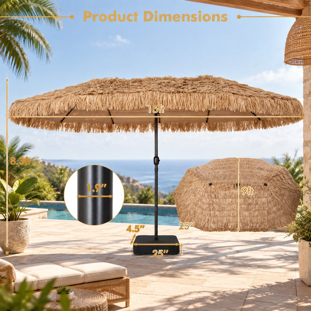 Airfind 15 x 9 FT Solar Double-Sided Patio Umbrella Base Included for Garden Bar, Polyester Fabric Metal PE Thatch ABS Frame, Brown
